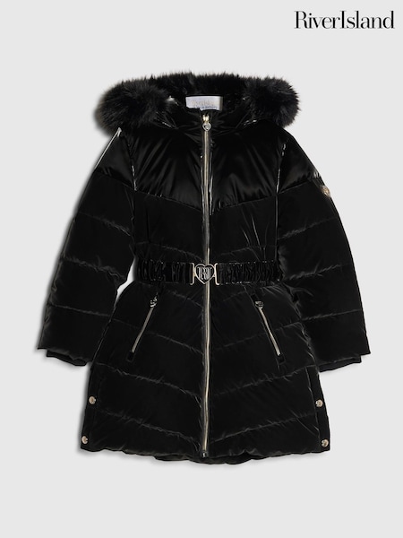 Black - River Island Long Line Velour Glam School Puffer Coat