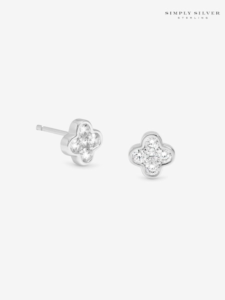 925 Sterling Silver - Simply Silver Polished And Cubic Zirconia Clover Stud Earrings