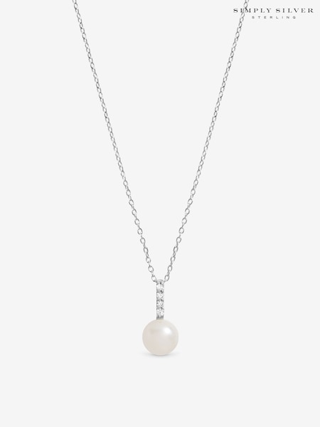 925 Sterling Silver - Simply Silver Cubic Zirconia Bar Pearl Pendant Gift Pouch