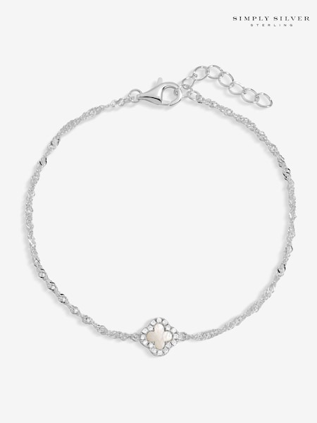 925 فضة استرليني - Simply Silver Pave And Mother Of Pearl Clover Bracelet Gift Pouch
