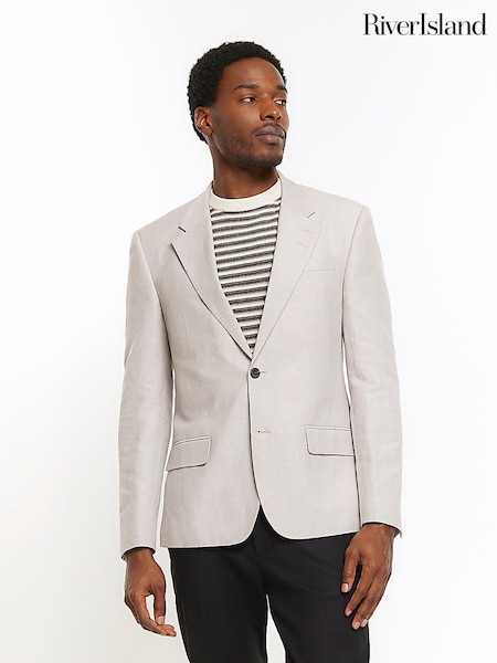 Grau - Regulär - River Island Linen Single Breasted Slim Fit Suit Jacket (M61422) | 156 €