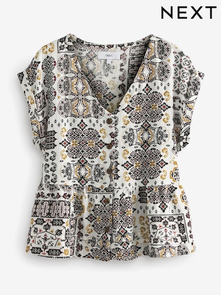 Cream/Print - Linen Blend Button Through Top (M61728) | 9 €