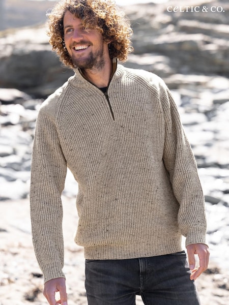 Natur - Celtic & Co. Herrenpullover in Grün, gerippt, mit halbem Reißverschluss (M62145) | 98 €
