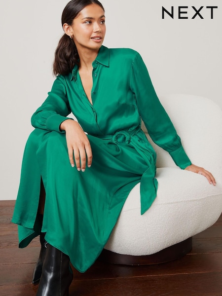 Bright Green Satin Belted Midi Dress (M62491) | €33
