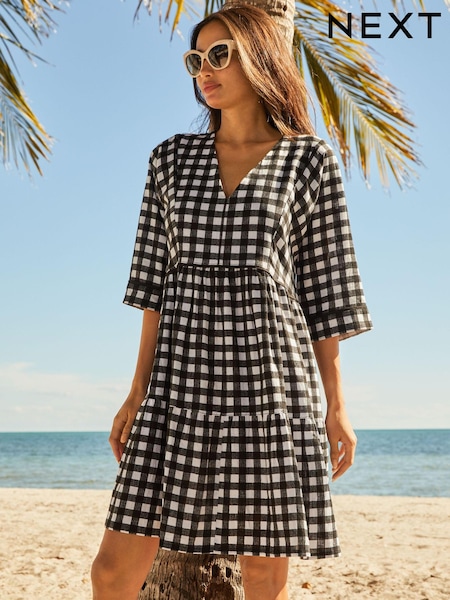 Black Gingham Linen Blend Kaftan Summer Dress (M62639) | €14