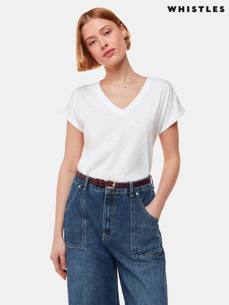 Whistles White V-Neck Willa Cap Sleeve 100% Cotton T-Shirt (M66156) | ₪176