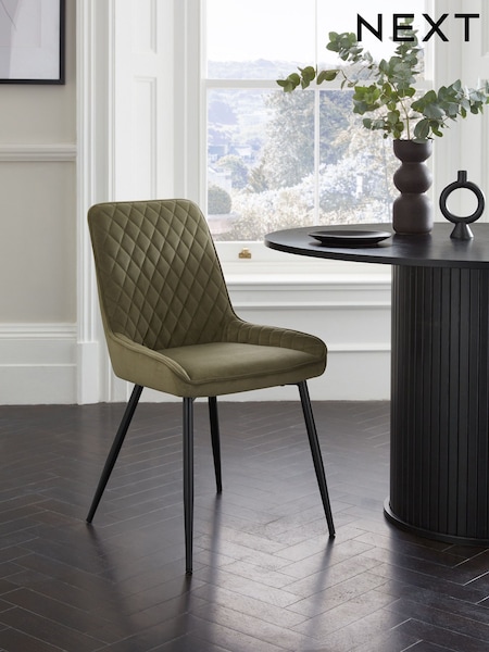 Set of 2 Soft Velvet Dark Sage Green Hamilton Black Leg Quilted Dining Chairs (M66845) | €320