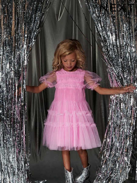 Pink Tulle Mesh Puff Sleeve Occasion Party Dress (3-16yrs) (M66857) | 103 QAR - 124 QAR