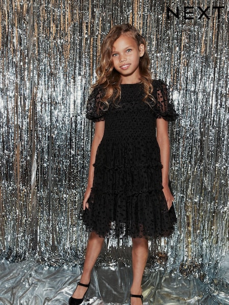 Black Animal Tulle Mesh Puff Sleeve Occasion Party Dress (3-16yrs) (M66862) | €9 - €11