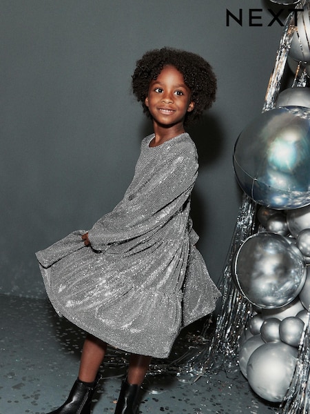 Серебристый металлик - Long Sleeve Sequin Dress (3-16yrs) (M66877) | €14 - €17