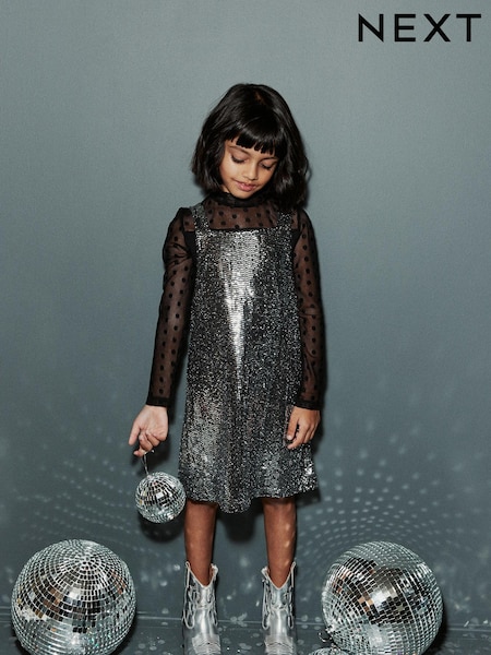 Black 2-In-1 Mesh Top And Silver Sequin Party Dress (3-16yrs) (M66878) | € 6 - € 8