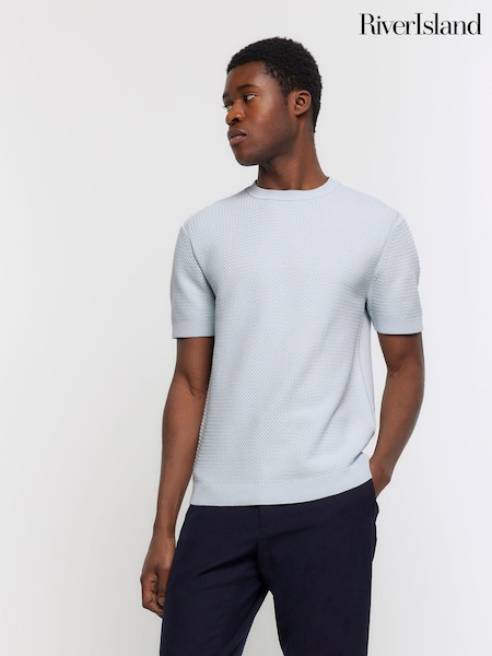 River Island Blue Textured Knitted T-Shirt (M67639) | €16