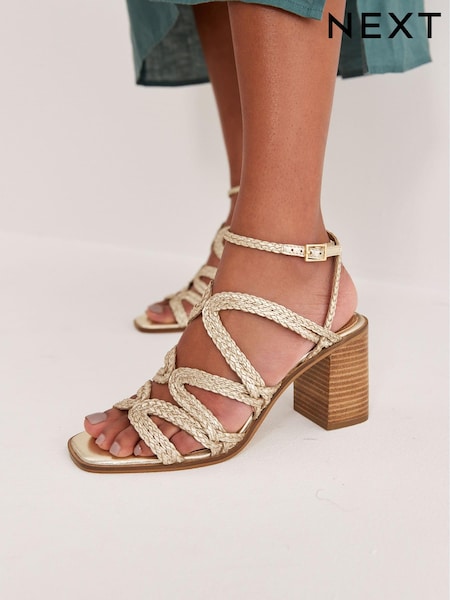 Золотой - Signature Leather Plait Strap Block Heel Sandals (M68301) | €15