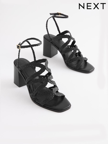 Черный - Signature Leather Plait Strap Block Heel Sandals (M68304) | €15