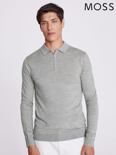 MOSS Grey Merino Blend Quarter Zip Polo Shirt (M68745) | €95