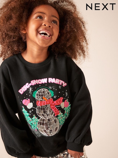 Black Sequin Snowman Christmas Sweatshirt Jumper (3-16yrs) (M70658) | €8 - €11