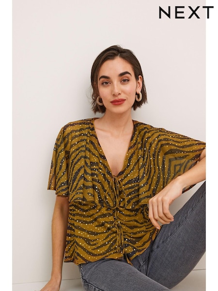 Brown Animal Flutter Sleeve Mesh Blouse Top (M73890) | €11