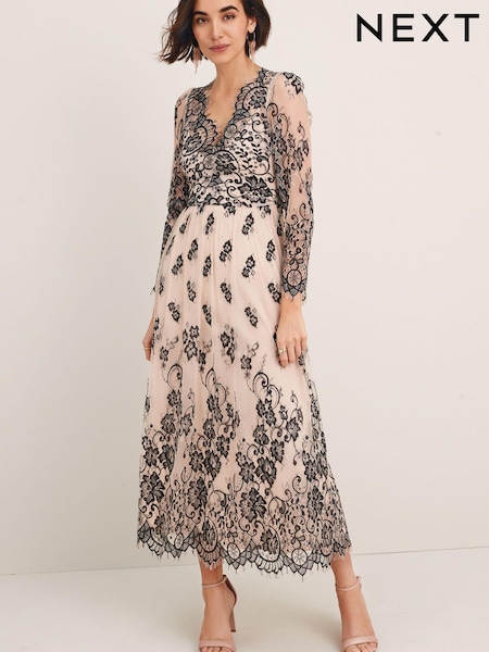 Кремовый/черный - Next Long Sleeve Lace Midi Dress (M73897) | €43