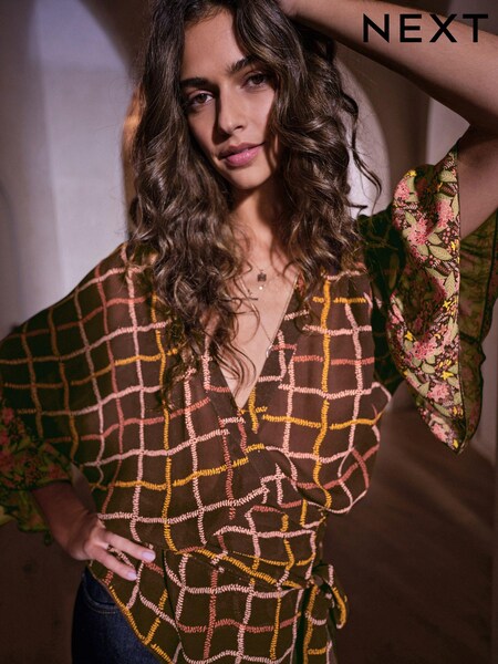 Brown Check Ditsy Wrap Kimono Top (M74305) | €23