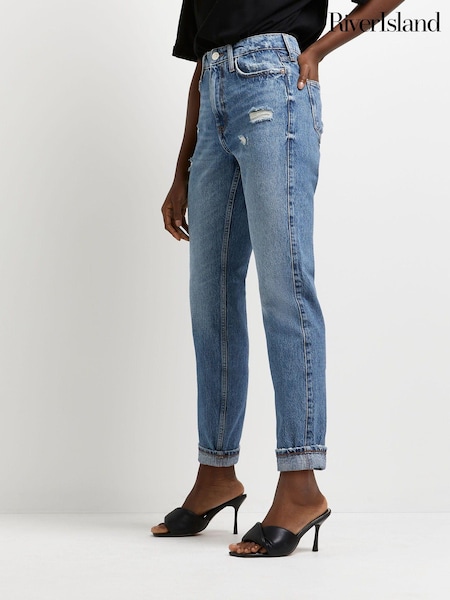 River Island Blue 100% Cotton High Rise Turn Up Mom Jeans (M76563) | €58
