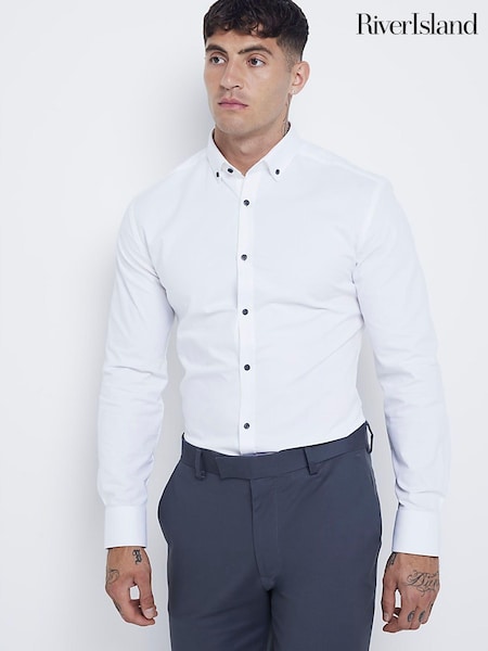 Valkoinen - River Island Muscle Fit Long Sleeve Textured Shirt (M76577) | €39