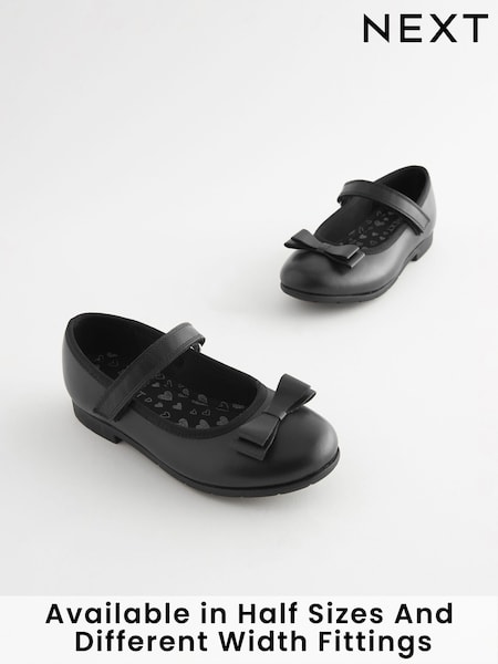 Black Matt Wide Fit (G) School Leather Bow Mary Jane Shoes (M77417) | AED132 - AED178