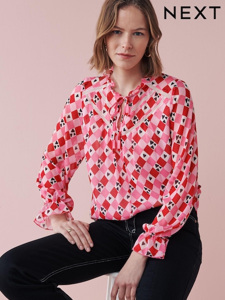 Pink Heart Print Lace Trim Top (M78164) | €16