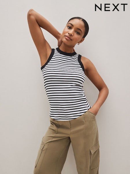 أسود/أبيض مقلم - Ribbed Racer Tank Vest Sleeveless Top (M78618) | ‏38 د.إ.‏