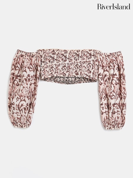 River Island Brown Light Shirred Bardot Long Sleeve Top (M80113) | 11 €