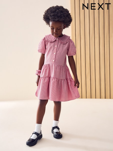 أحمر - Cotton Rich School Gingham Tiered Pretty Collar Dress (3-14yrs) (M82266) | ‏5 ر.ع.‏ - ‏7 ر.ع.‏