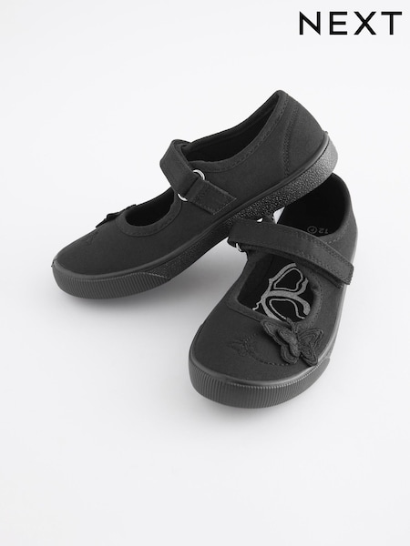 Black Wide Fit (G) Butterfly Embroidered School Plimsoll Shoes (M83906) | $12 - $15