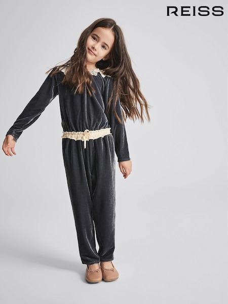 Reiss Grey Dana Jr Lace Trim Velvet Jumpsuit (M84839) | €85