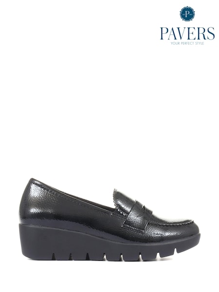 Pavers Black Ladies High-Shine Wedge Loafers (M85455) | €46