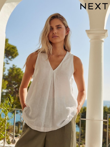 White Linen Blend V-Neck Summer Top (M86202) | €14