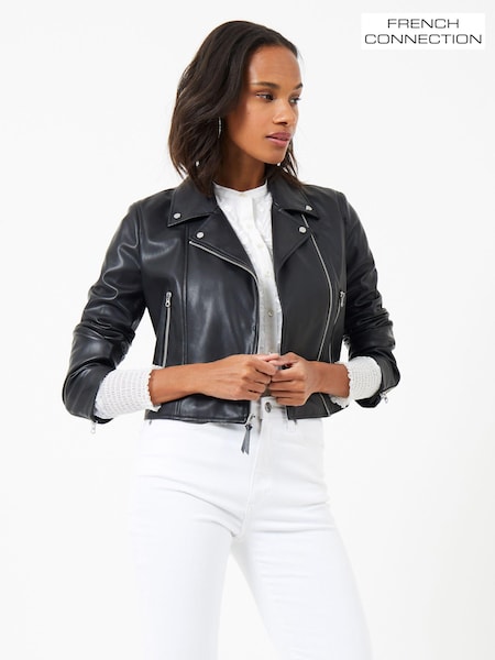 French Connection Black PU Leather Etta Biker Jacket (M86232) | AED495