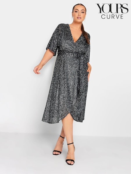 Yours Curve Silver London Sequin Tulip Hem Wrap Dress (M86240) | €18.50