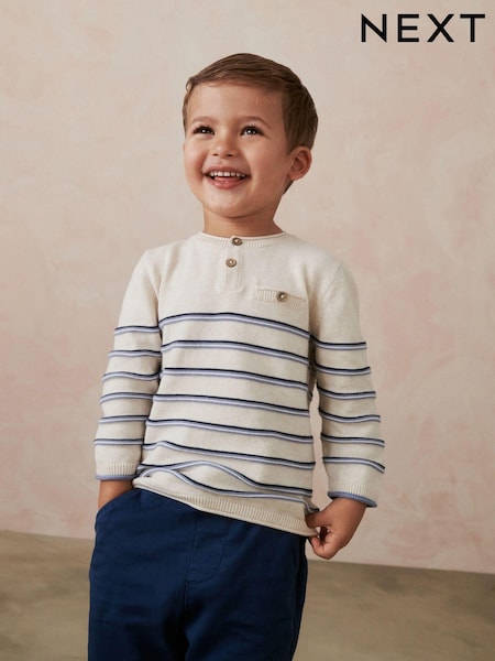 Ecru Cream 100% Cotton Henley Stripe Knit Crew Jumper (3mths-7yrs) (M86819) | AED42 - AED49