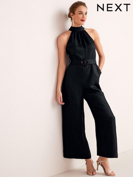 Noir - Combinaison en lin à ceinture (M87119) | € 21