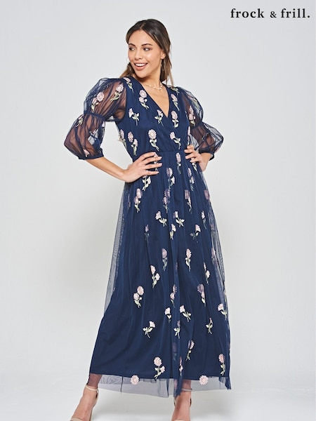Frock and Frill Blue Embroidered Maxi Dress (M89689) | €72