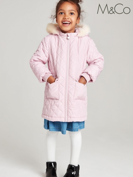 M&Co Pink Diamond Quilted Faux Fur Trim Coat (M91480) | €15.50 - €17.50