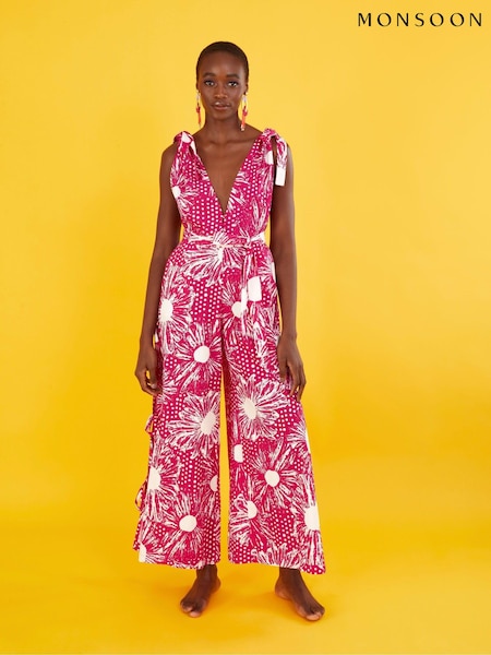 Monsoon Pink Nava Mixed Print Tie Leg Jumpsuit (M91519) | €46