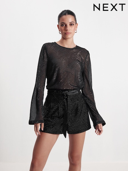 Black Velvet Embellished Belted Shorts (M91528) | €21