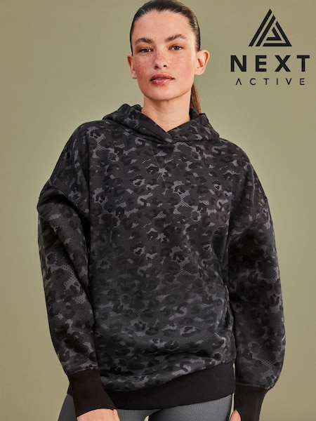 Black/Grey Animal Oversized Relaxed Fit Active Longline Overhead Hoodie (M91584) | AED60
