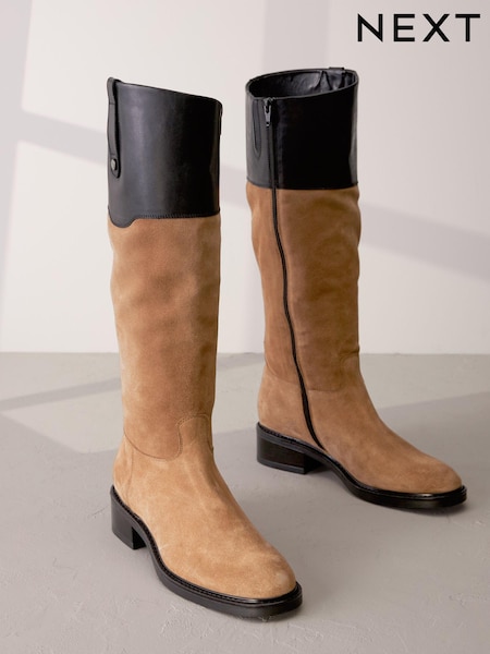 Tan & Black Signature Leather Panelled Rider Knee High Boots (M91685) | €62