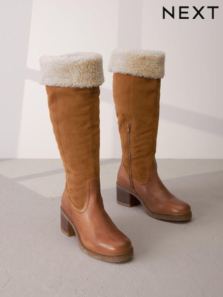 Tan Brown Signature Leather Forever Comfort® Faux Fur Knee High Boots (M91686) | €40