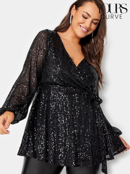 Yours Curve Black London Sequin Long Sleeve Wrap Top (M91906) | €33