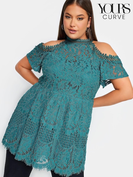 Yours Curve Green London Lace Cold Shoulder Top (M91919) | €21.50