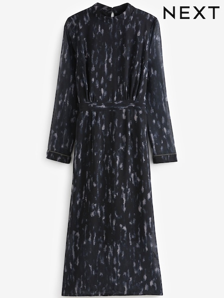 črna - Long Sleeve Sheer Lined Midi Dress (M92372) | € 38
