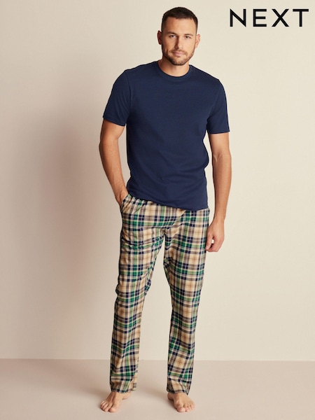 Navy Blue/Stone Natural Check Lightweight Pyjamas Set (M93609) | AED81