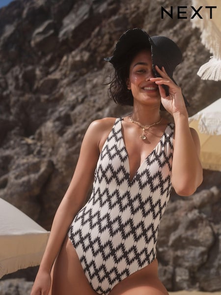 Black/Ecru White Tummy Control Plunge Swimsuit (M93977) | €19